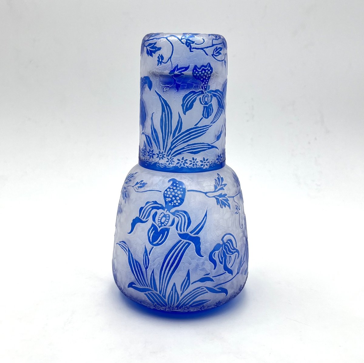 VAL SAINT LAMBERT - service "verre d'eau" en cristal BLEU gravé à l'acide modèle ORCHIDÉES