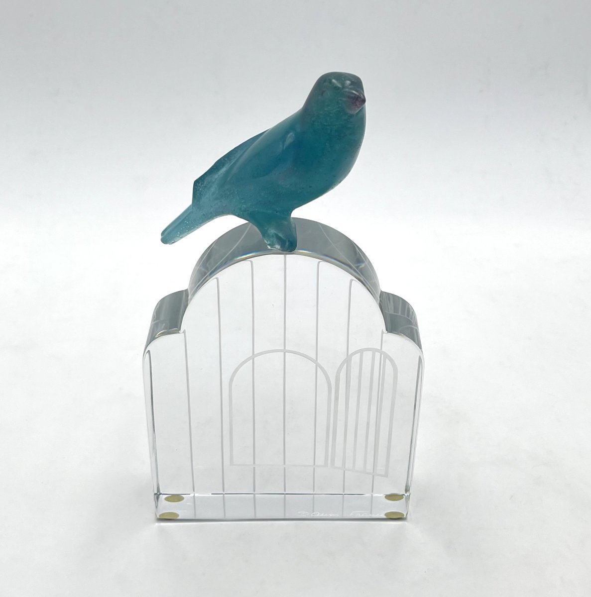 DAUM FRANCE - sculpture LA CAGE ET L'OISEAU en cristal et pâte de verre - signé - 23,5 cm-photo-2