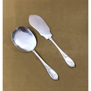 Henin Et Cie - Minerve Model Laurier Solid Silver Ice Cream / Dessert Serving Cutlery