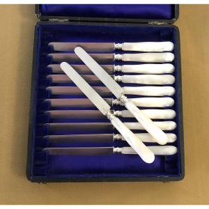 12 Fruit Knives, Solid Silver Blades Minerve Mother-of-pearl Handles