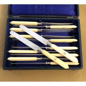 12 Fruit Knives, Solid Silver Blades Minerve Ivory Handles