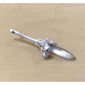 Antique 18th Century Solid Silver And Rock Crystal Rattle With Bells