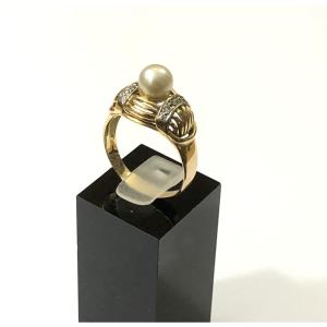 Antique Jewelry - 18-carat Gold Art Deco Ring Set With A Cultured Pearl - Size 56