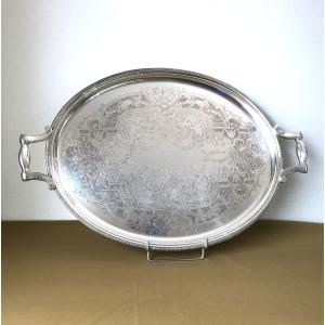 Christofle - Oval Silver-plated Metal Serving Tray, Louis XIV Model, "à La Bérain" Decoration