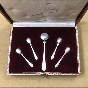 service à condiment en argent massif Minerve: louchette à moutarde et 4 pelles à sel