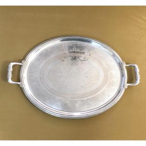 CHRISTOFLE - plateau de service ovale en métal argenté, modèle MALMAISON décor Empire 64x42 cm