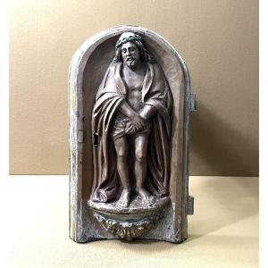 Antique Carved Wooden Tabernacle Door Depicting Christ, 18th Century