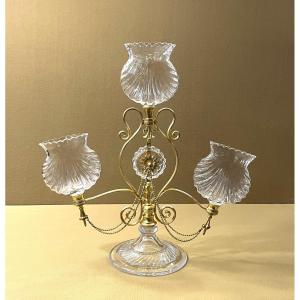 Antique Centerpiece With Three Crystal And Gilt Bronze Flower Holders, 19th Century