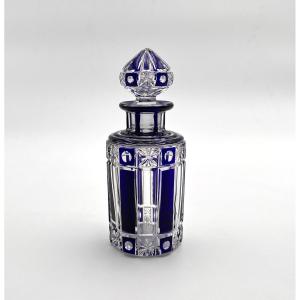 Cristalleries De Nancy - Antique Art Deco Perfume Bottle In Blue Lined Crystal 15 Cm