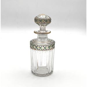 Saint Louis - Old Enamelled Crystal Perfume Bottle, Empire Model, Laurier Décor 17.5 Cm