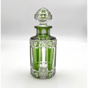 CRISTALLERIES DE NANCY - ancien flacon à parfum ART DECO en cristal doublé VERT 17 cm