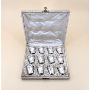 Set Of 12 Solid Silver Liqueur Glasses, Hallmarked Minerve