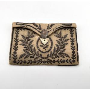 Louis XVI Period Gusseted Hard Clutch Bag In Silver-embroidered Silk
