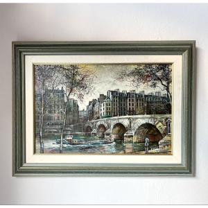 Claude Dumont - Oil On Canvas, View Of Paris, île Saint-louis, And The Old Pont Marie
