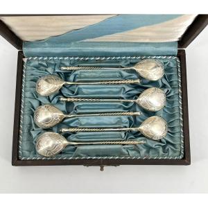 Set Of 6 Caviar Spoons Made Of Solid Silver And Vermeil, Russian Hallmark 84