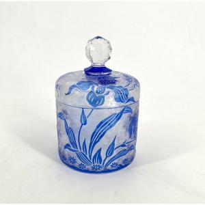 VAL SAINT LAMBERT - boite à poudre ou à coton en cristal gravé à l'acide, modèle ORCHIDEES