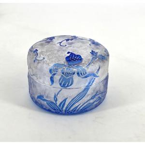 VAL SAINT LAMBERT - boite à poudre en cristal gravé à l'acide, modèle ORCHIDEES