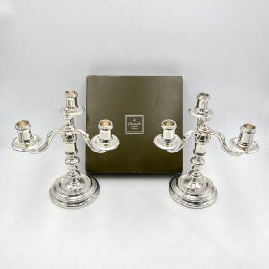 Christofle - Pair Of Silver-plated Metal Candlesticks - Albi Model - Like-new Condition