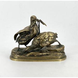 Jules MOIGNIEZ - couple de perdrix en bronze - sculpture signée J. Moigniez