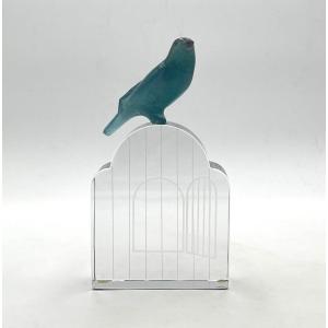 Daum France - "the Cage And The Bird" Sculpture In Crystal And Glass Paste - Signed - 23.5 Cm