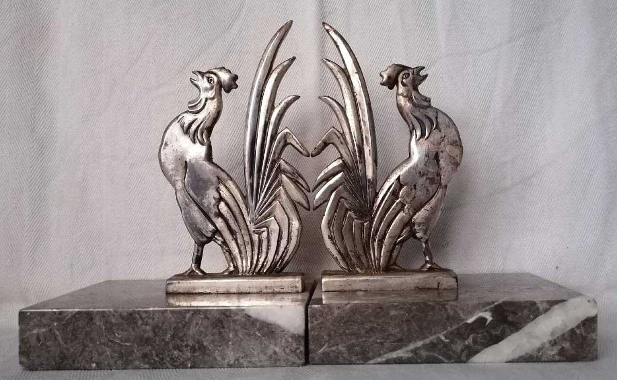 “gallica” Bookends In Silver Metal On Marble.