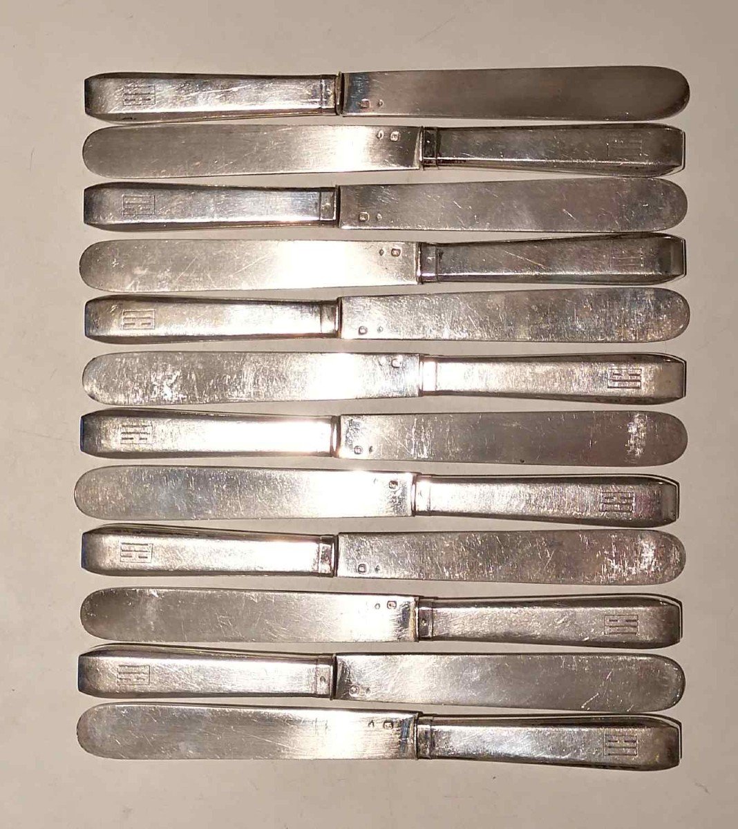 12 Fruit Or Dessert Knives, Art Deco Style, In Solid Silver.-photo-1