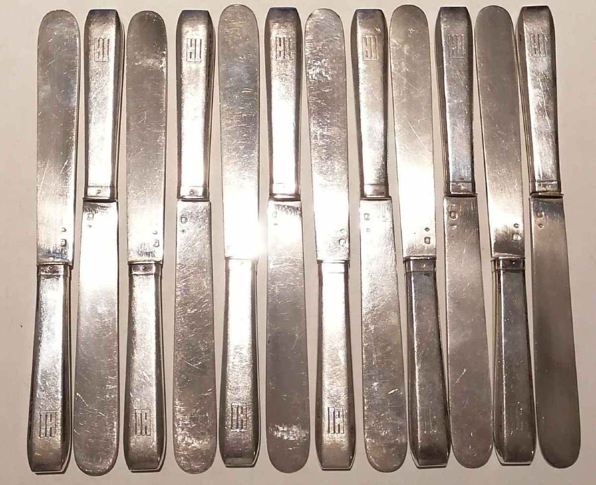 12 Fruit Or Dessert Knives, Art Deco Style, In Solid Silver.-photo-4