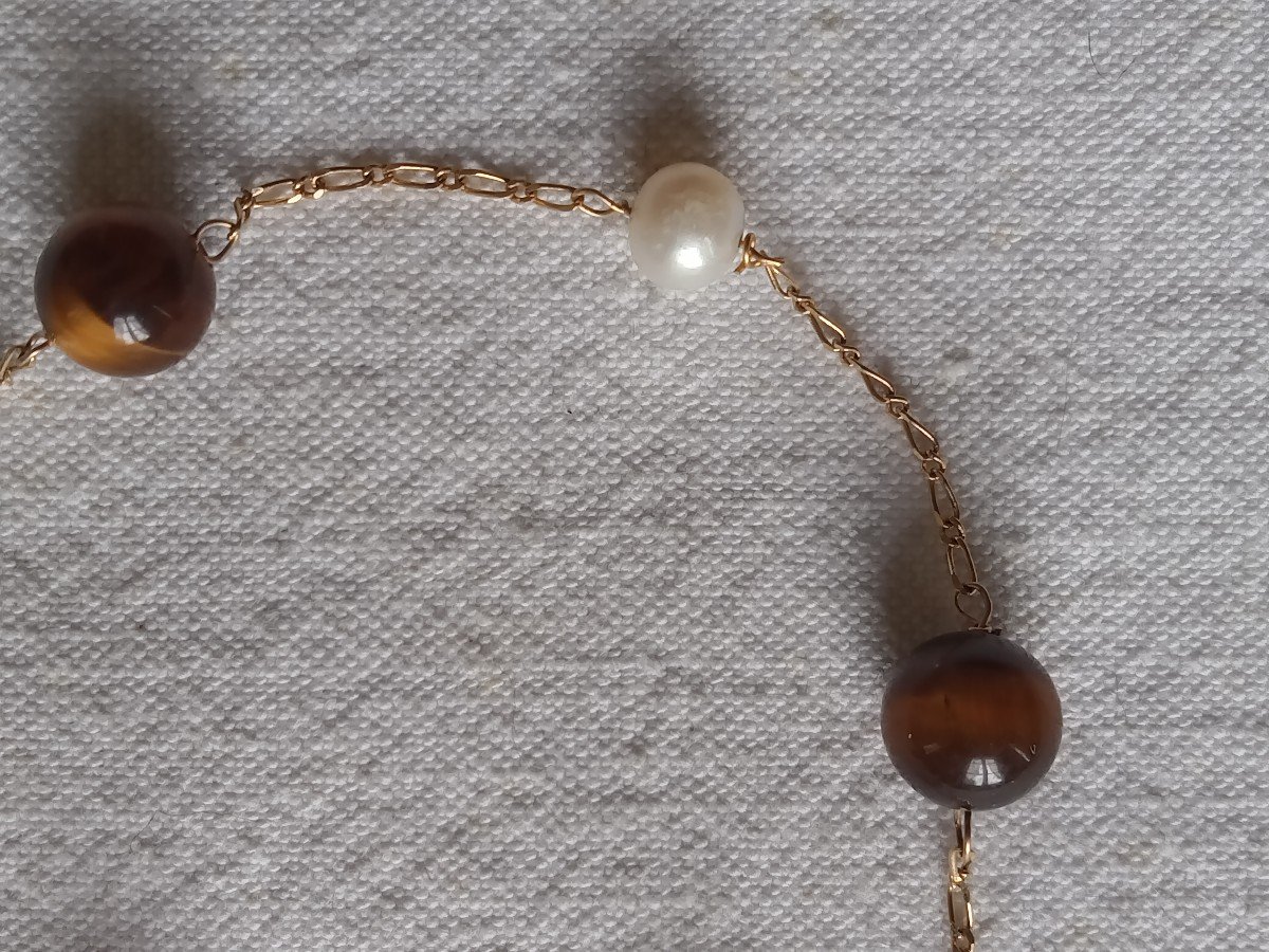 Bracelet or jaune 18 kt, perles de culture et perles en œil de tigres -photo-1