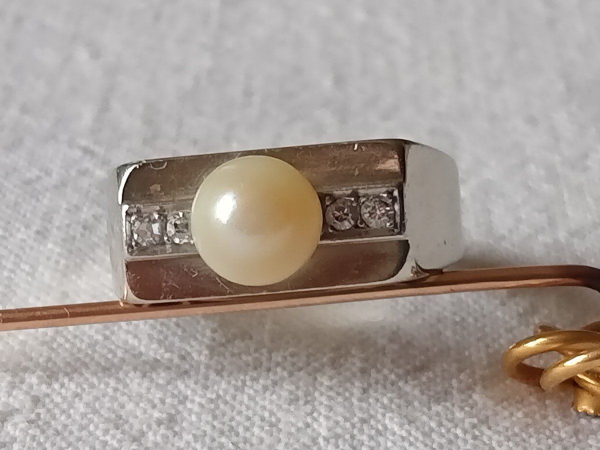 Bague or blanc 18kt, perle et brillant. Années 1970 1980-photo-2