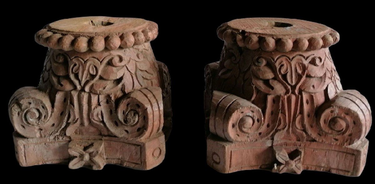 Pair Of Carved Wooden Capitals Or Bases 
