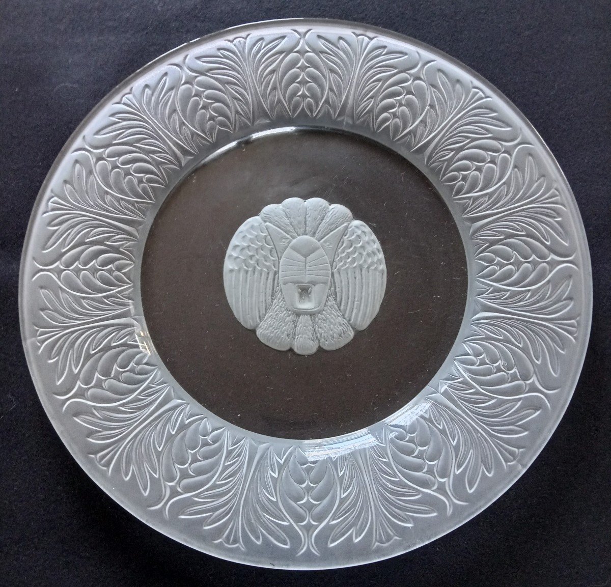 Art Deco Lion Head Frosted Glass Dish.
