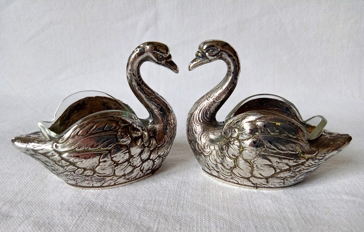 Pair Of Swan Salt Cellars In Solid German Silver By Goldsmith Breidenstein & Renaud 1889-1920-photo-4