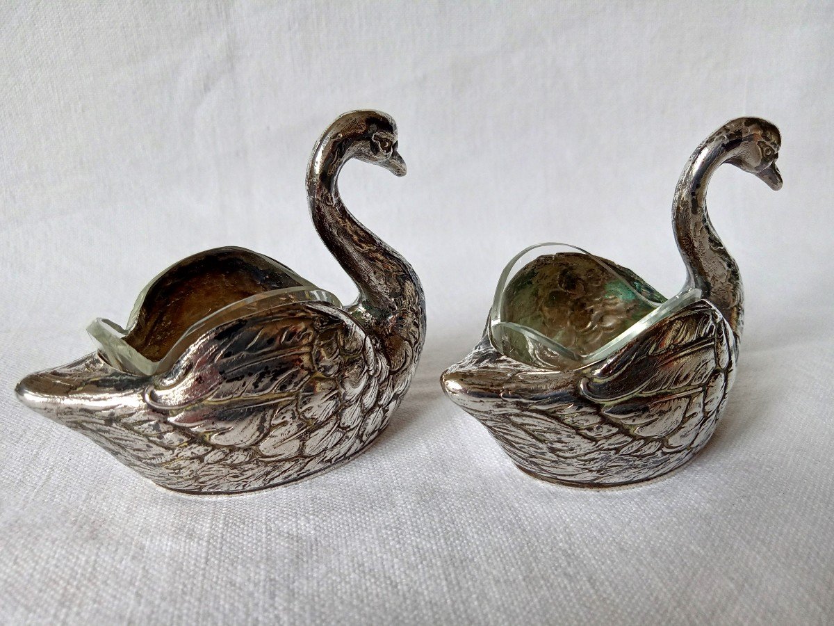 Pair Of Swan Salt Cellars In Solid German Silver By Goldsmith Breidenstein & Renaud 1889-1920-photo-2