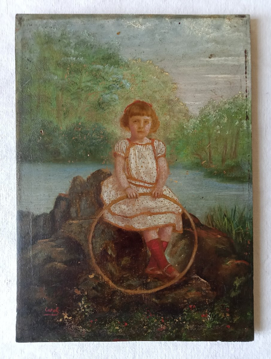 Paire de tableaux "Petite fille au cerceau". Peintures sur bois:  XIXéme siècle.-photo-2