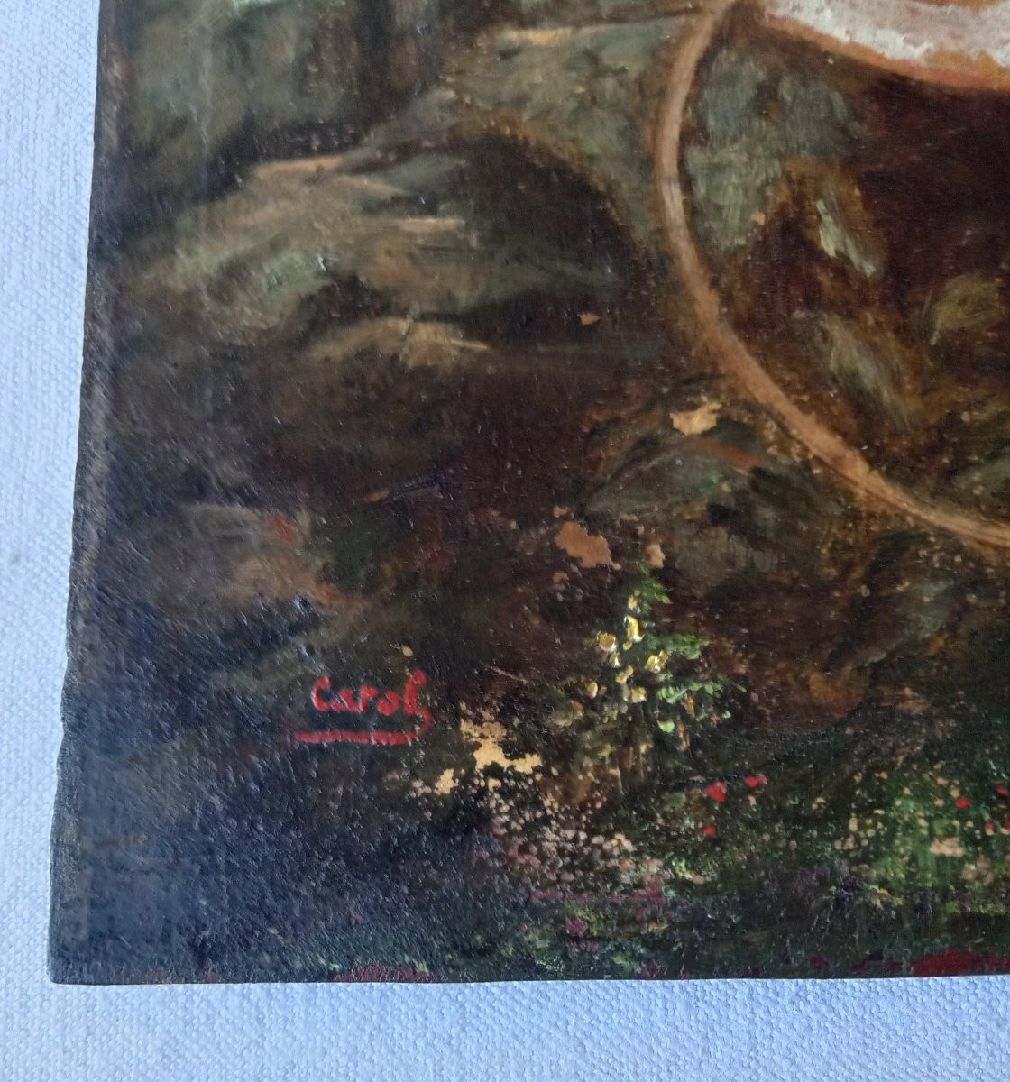 Paire de tableaux "Petite fille au cerceau". Peintures sur bois:  XIXéme siècle.-photo-4