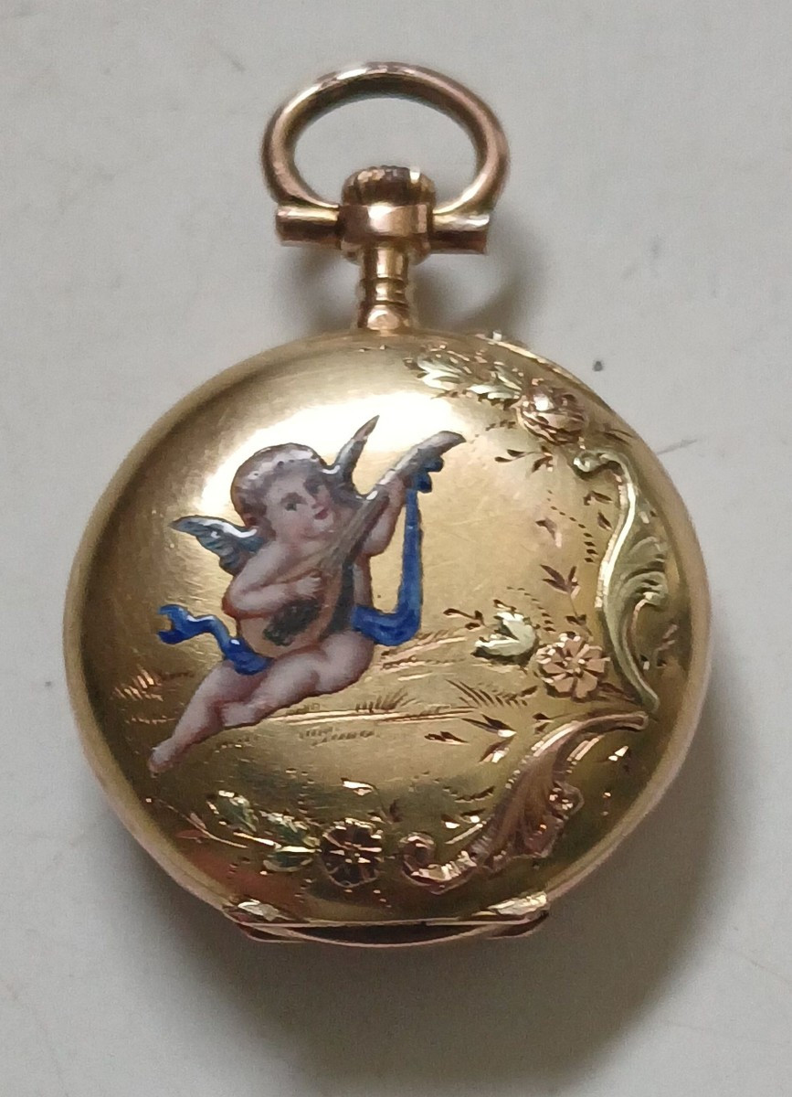 Gold Neck Watch With Enamel Decoration, 19th Century. -photo-5