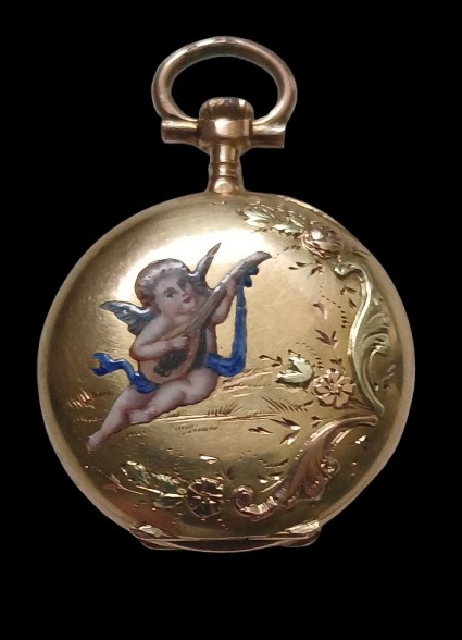 Gold Neck Watch With Enamel Decoration, 19th Century. 