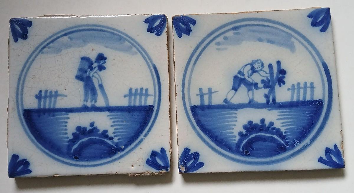 The Vine And The Wine. 2 Earthenware Tiles: The Pruning And The Hotteux -photo-2