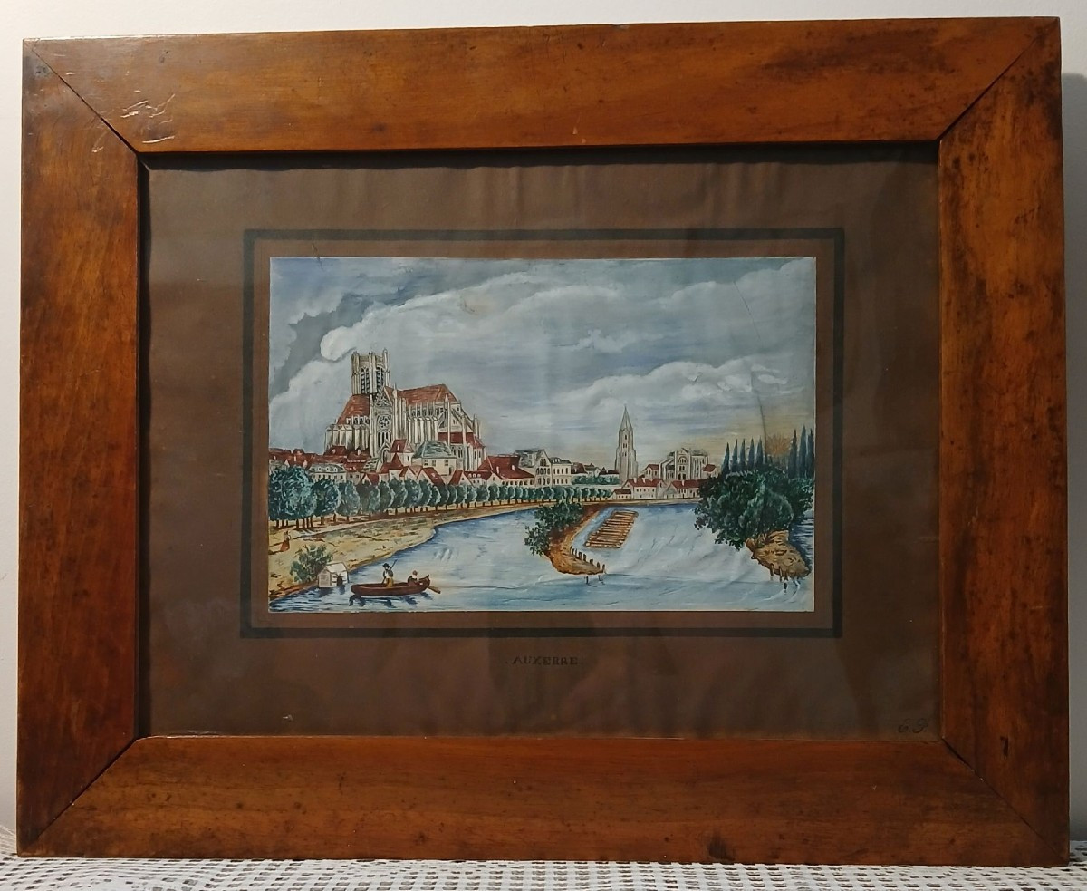 Flottage. Un train de bois dans le port d'Auxerre. Gouache sur papier.-photo-2