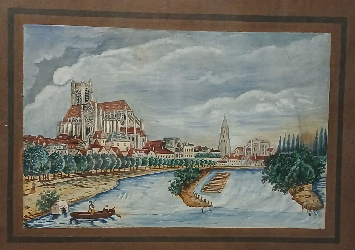 Flottage. Un train de bois dans le port d'Auxerre. Gouache sur papier.-photo-2