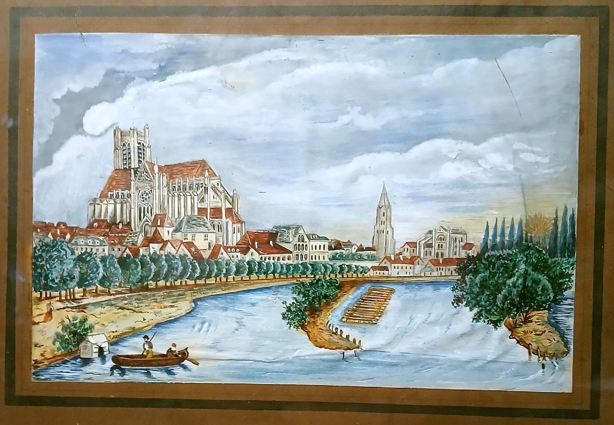 Flottage. Un train de bois dans le port d'Auxerre. Gouache sur papier.