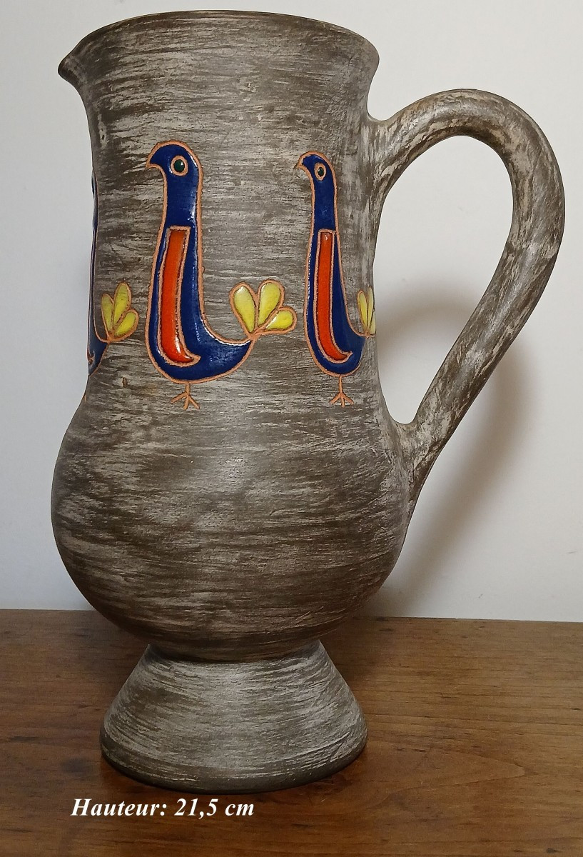 Accolay. Elie BARACHANT (1919-1993). Saint Cannat. Pichet à décor d’oiseaux émaillés Circa 1950-photo-3
