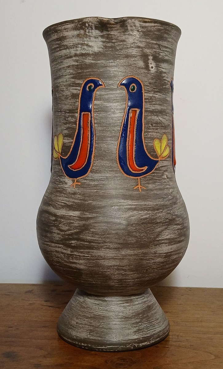 Accolay. Elie BARACHANT (1919-1993). Saint Cannat. Pichet à décor d’oiseaux émaillés Circa 1950