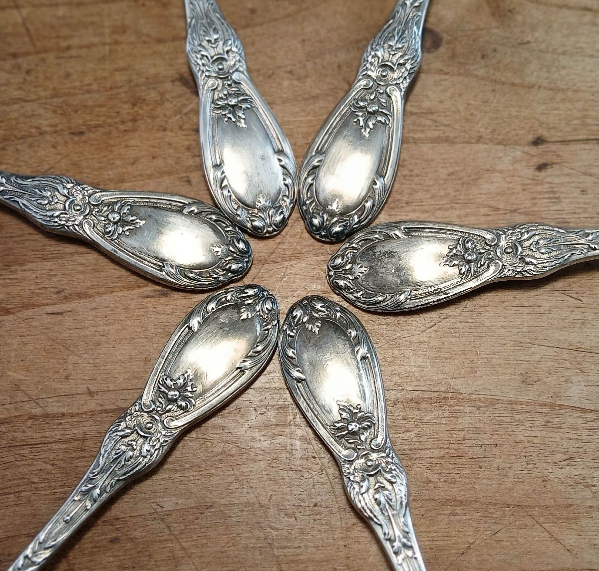 Cuillers en argent massif (6) ciselées de fleurs et feuillages-photo-1