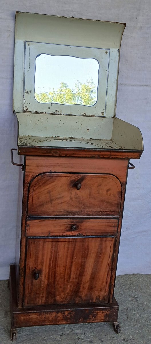 Tole peinte. Meuble de toilette. Trompe l’œil faux bois. -photo-3