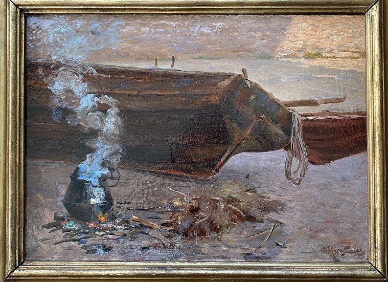 Bateau au calfatage. HST de Alfred Guillou 1844- 1926. Circa1900.-photo-2