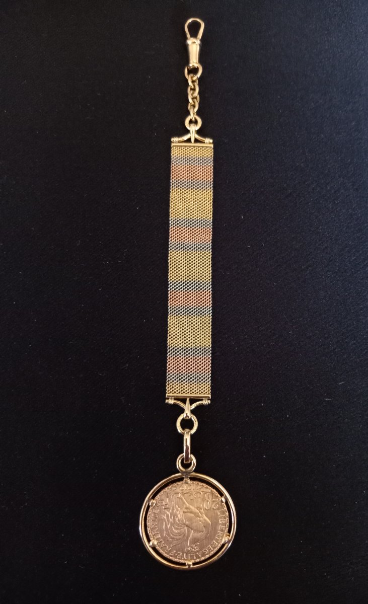Watch Chain, 18-karat Tri-color Gold: Yellow, Gray, And Rose, Featuring A 1912 "20 Francs Au Coq" Coin-photo-2