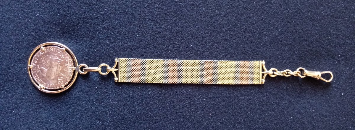 Watch Chain, 18-karat Tri-color Gold: Yellow, Gray, And Rose, Featuring A 1912 "20 Francs Au Coq" Coin-photo-3