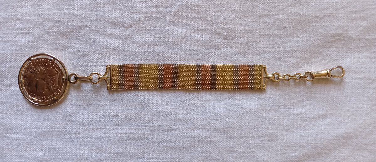 Watch Chain, 18-karat Tri-color Gold: Yellow, Gray, And Rose, Featuring A 1912 "20 Francs Au Coq" Coin-photo-5
