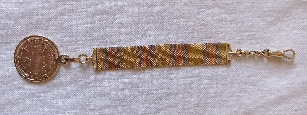 Watch Chain, 18-karat Tri-color Gold: Yellow, Gray, And Rose, Featuring A 1912 "20 Francs Au Coq" Coin-photo-7